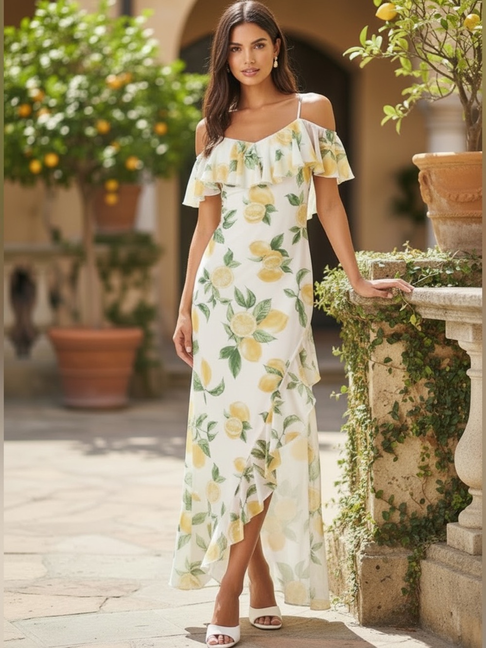 *24 HOUR SALE* Sunsets in Capri Lemon Print Ruffle Maxi Dress